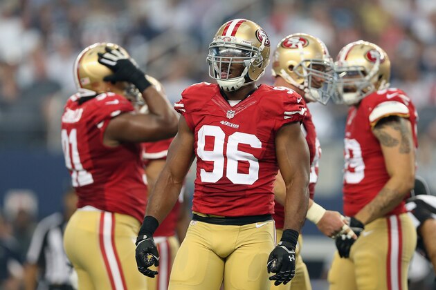 ARLINGTON, TX - SEPTEMBER 07:  Linebacker Corey Lemonier #96 of the San Francisco 49ers during the NFL game against the Dallas Cowboys at AT&T Stadium on September 7, 2014 in Arlington, Texas. The 49ers defeated the Cowboys 28-17.  (Photo by Christian Petersen/Getty Images)