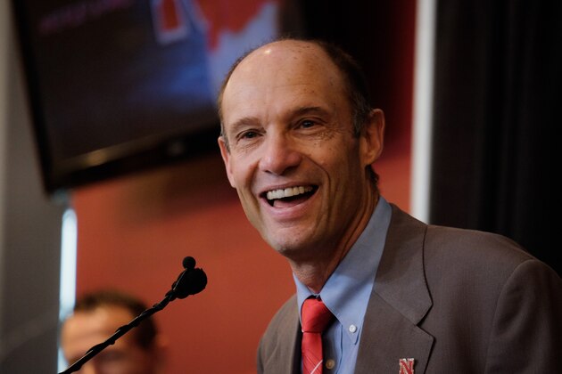 LINCOLN, NE - DECEMBER 5:  Mike Riley, newly hired head football coach at the University of Nebraska, talks with members of the media during a press conference inside Memorial Stadium December 5, 2014 in Lincoln, Nebraska.   (Photo by Eric Francis/Getty Images)