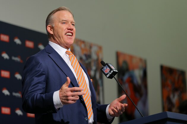 ENGLEWOOD, CO - JANUARY  20:  John Elway, Executive Vice President of Football Operations/General Manager for the Denver Broncos addresses the media during a press conference to introduce Gary Kubiak as the new head coach at Dove Valley on January 20, 2015 in Englewood, Colorado. Kubiak was named the 15th head coach in Broncos history after spending last season as the Baltimore Ravens offensive coordinator. (Photo by Justin Edmonds/Getty Images)