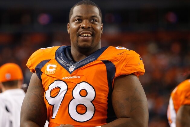 Oct 23, 2014; Denver, CO, USA; Denver Broncos defensive tackle Terrance Knighton (98) during the game against the San Diego Chargers at Sports Authority Field at Mile High. Mandatory Credit: Chris Humphreys-USA TODAY Sports