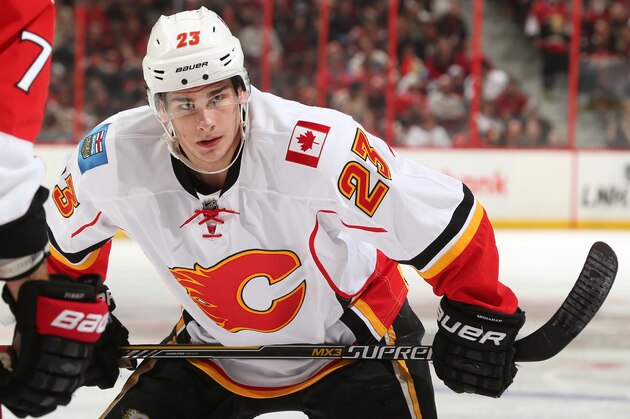 OTTAWA, ON - MARCH 8: Sean Monahan #23 of the Calgary Flames prepares for a faceoff against the Ottawa Senators at Canadian Tire Centre on March 8, 2015 in Ottawa, Ontario, Canada.  (Photo by Andre Ringuette/NHLI via Getty Images)