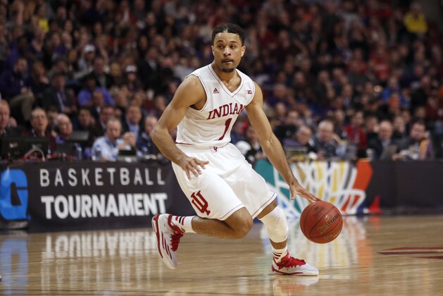 Indiana's James Blackmon Jr. (1) drives the ball in the second half of an NCAA college basketball game against Northwestern in the second round of the Big Ten Conference tournament, Thursday, March 12, 2015, in Chicago. (AP Photo/Kiichiro Sato)