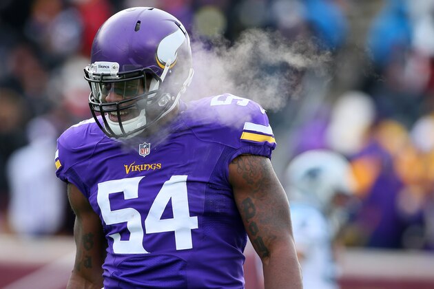 MINNEAPOLIS, MN - NOVEMBER 30: Jasper Brinkley #54 of the Minnesota Vikings celebrates a touchdown against the Carolina Panthers in the second quarter on November 30, 2014 at TCF Bank Stadium in Minneapolis, Minnesota. (Photo by Adam Bettcher/Getty Images)