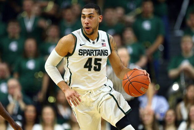 Feb 26, 2015; East Lansing, MI, USA;   Michigan State Spartans guard Denzel Valentine (45) brings the ball up court against the Minnesota Golden Gophers during the 2nd half of a game at Jack Breslin Student Events Center. Mandatory Credit: Mike Carter-USA TODAY Sports