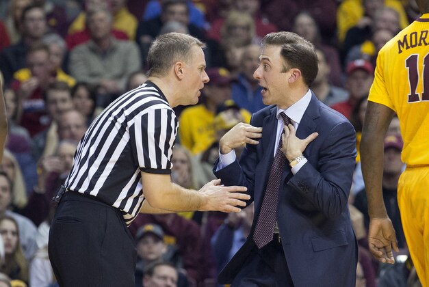 Mar 5, 2015; Minneapolis, MN, USA; Minnesota Golden Gophers head coach Richard Pitino argues with a referee about a call in the second half against the Wisconsin Badgers at Williams Arena. The Badgers won 76-63. Mandatory Credit: Jesse Johnson-USA TODAY Sports