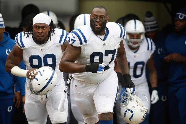 Jan 11, 2015; Denver, CO, USA; Indianapolis Colts defensive end Arthur Jones (97) in the 2014 AFC Divisional playoff football game against the Denver Broncos at Sports Authority Field at Mile High. Mandatory Credit: Chris Humphreys-USA TODAY Sports