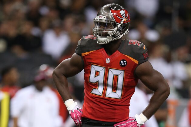 NEW ORLEANS, LA - OCTOBER 05:   Michael Johnson #90 of the Tampa Bay Buccaneers against the New Orleans Saints at the Mercedes-Benz Superdome on October 5, 2014 in New Orleans, Louisiana.  (Photo by Chris Graythen/Getty Images)