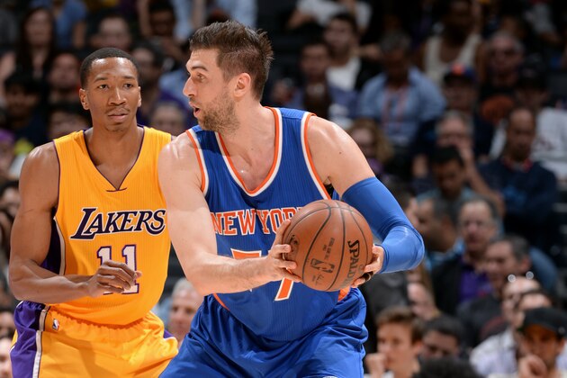 LOS ANGELES, CA - MARCH 12: Andrea Bargnani #77 of the New York Knicks handles the ball against the Los Angeles Lakers on March 12, 2015 in Los Angeles, California. NOTE TO USER: User expressly acknowledges and agrees that, by downloading and/or using this Photograph, user is consenting to the terms and conditions of the Getty Images License Agreement. Mandatory Copyright Notice: Copyright 2015 NBAE (Photo by Andrew D. Bernstein/NBAE via Getty Images)