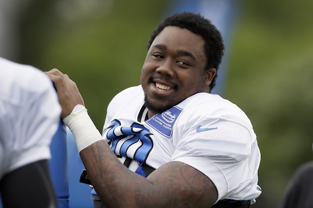 Detroit Lions defensive tackle Nick Fairley is seen during an NFL football training camp in Allen Park, Mich., Tuesday, Aug. 5, 2014. (AP Photo/Carlos Osorio)