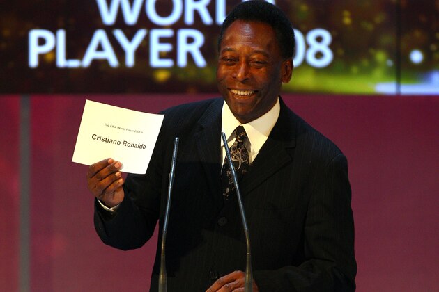 ZURICH, SWITZERLAND - JANUARY 12: Football legend Pele announces Cristiano Ronaldo of Portugal as the winner of The FIFA World Player Of The Year 2008, at the Zurich Opera House on January 12, 2009 in Zurich, Switzerland.  (Photo by John Gichigi/Getty Images)