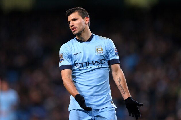MANCHESTER, ENGLAND - MARCH 04:  Sergio Aguero of Manchester City reacts during the Barclays Premier League match between Manchester City and Leicester City at the Etihad Stadium on March 4, 2015 in Manchester, England.  (Photo by Alex Livesey/Getty Images)
