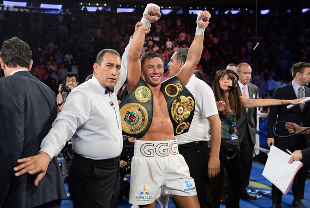 Jul 26, 2014; New York, NY, USA; Gennady Golovkin (white gloves) reacts after defeating Daniel Geale (not pictured) in their middleweight championship bout at Madison Square Garden. Golovkin won via third round knockout. Mandatory Credit: Joe Camporeale-USA TODAY Sports