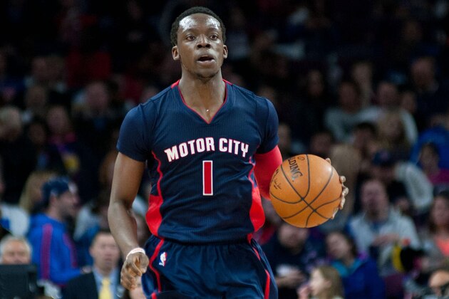 Feb 22, 2015; Auburn Hills, MI, USA; Detroit Pistons guard Reggie Jackson (1) brings the ball up court during the third quarter against the Washington Wizards at The Palace of Auburn Hills. Mandatory Credit: Tim Fuller-USA TODAY Sports