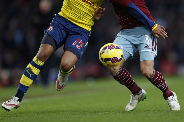 LONDON, ENGLAND - DECEMBER 28: Detail of players legs, boots and match ball during the Barclays Premier League match between West Ham United and Arsenal at Boleyn Ground on December 28, 2014 in London, England. (Photo by Steve Bardens/Getty Images)