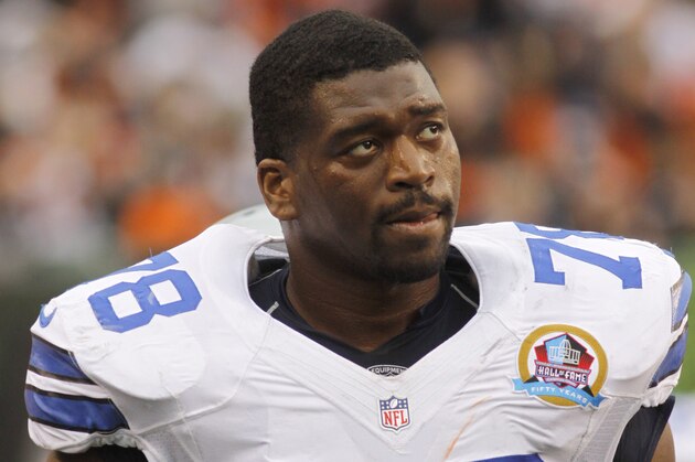 Dallas Cowboys tackle Jermey Parnell waits during an NFL football game against the Cincinnati Bengals, Sunday, Dec. 9, 2012, in Cincinnati. (AP Photo/Tom Uhlman)