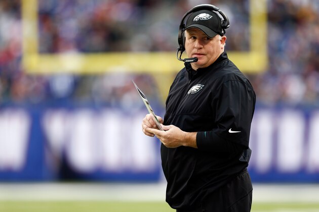 EAST RUTHERFORD, NJ - DECEMBER 28:  Head coach Chip Kelly of the Philadelphia Eagles looks on against the New York Giants during a game at MetLife Stadium on December 28, 2014 in East Rutherford, New Jersey.  (Photo by Jeff Zelevansky/Getty Images)