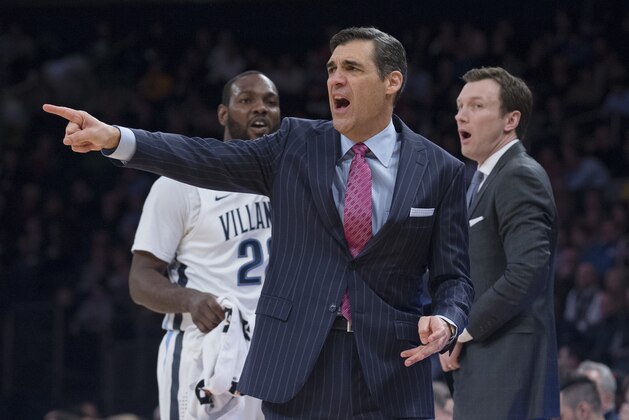 Villanova head coach Jay Wright directs his players from the bench in the first half of an NCAA college basketball game against Marquette in the quarterfinals of the Big East Conference tournament, Thursday, March 12, 2015, in New York. (AP Photo/John Minchillo)