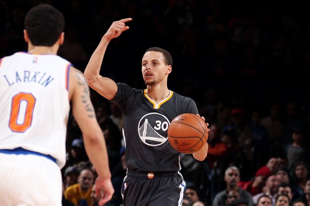 NEW YORK, NY - FEBRUARY 7: Stephen Curry #30 of the Golden State Warriors drives against the New York Knicks on February 7, 2015 at Madison Square Garden in New York City.  NOTE TO USER: User expressly acknowledges and agrees that, by downloading and or using this Photograph, user is consenting to the terms and conditions of the Getty Images License Agreement. Mandatory Copyright Notice: Copyright 2015 NBAE (Photo by Nathaniel S. Butler/NBAE via Getty Images)