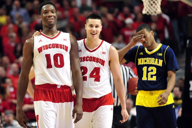 Mar 13, 2015; Chicago, IL, USA; Wisconsin Badgers forward Nigel Hayes (10) and guard Bronson Koenig (24) share a laugh late in the game during the second half in the quarterfinals of the Big Ten Tournament at the United Center. The Wisconsin Badgers defeated the Michigan Wolverines 71-60. Mandatory Credit: David Banks-USA TODAY Sports