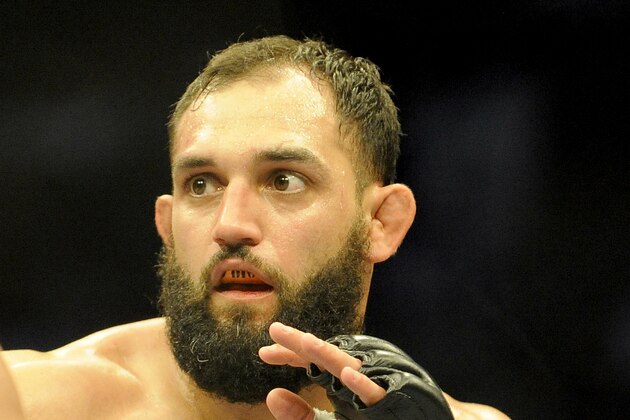 Johny Hendricks during a UFC 171 mixed martial arts welterweight title bout, Saturday, March 15, 2014, in Dallas. Hendricks won by decision. (AP Photo/Matt Strasen) (AP Photo/Matt Strasen)