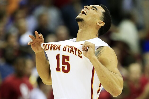 KANSAS CITY, MO - MARCH 13:  Naz Long #15 of the Iowa State Cyclones celebrates after their 67 to 65 win over the Oklahoma Sooners during a semifinal game of the 2015 Big 12 Basketball Tournament at Sprint Center on March 13, 2015 in Kansas City, Missouri.  (Photo by Jamie Squire/Getty Images)