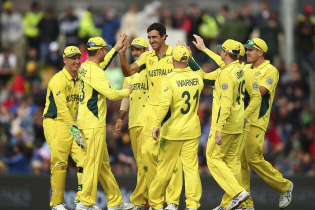 HOBART, AUSTRALIA - MARCH 14:  Mitchell Starc of Australia celebrates after taking the wicket of Josh Davey of Scotland during the 2015 Cricket World Cup match between Australia and Scotland at Bellerive Oval on March 14, 2015 in Hobart, Australia.  (Photo by Ryan Pierse/Getty Images)