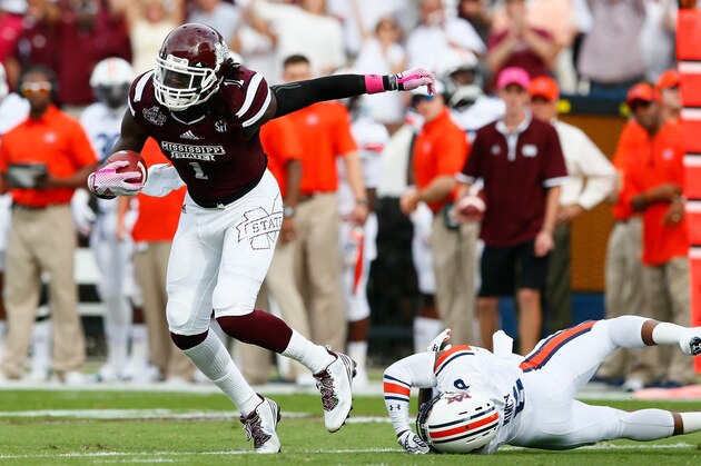 STARKVILLE, MS - OCTOBER 11:  De'Runnya Wilson #1 of the Mississippi State Bulldogs against Jonathon Mincy #6 of the Auburn Tigers at Davis Wade Stadium on October 11, 2014 in Starkville, Mississippi.  (Photo by Kevin C. Cox/Getty Images)