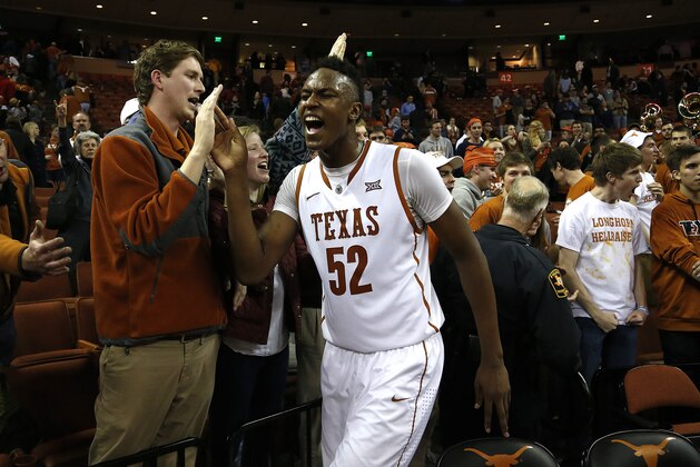 AUSTIN, TX - MARCH 2: Myles Turner #52 of the Texas Longhorns celebrates after defeating the Baylor Bears in overtime at the Frank Erwin Center on March 2, 2015 in Austin, Texas. (Photo by Chris Covatta/Getty Images)