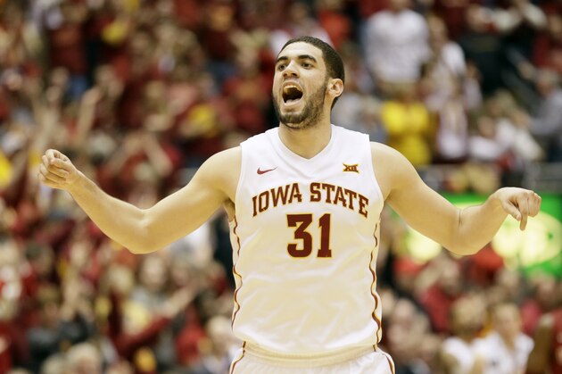 Iowa State forward Georges Niang reacts after making a 3-point basket during the second half of an NCAA college basketball game against Oklahoma, Monday, March 2, 2015, in Ames, Iowa. (AP Photo/Charlie Neibergall)