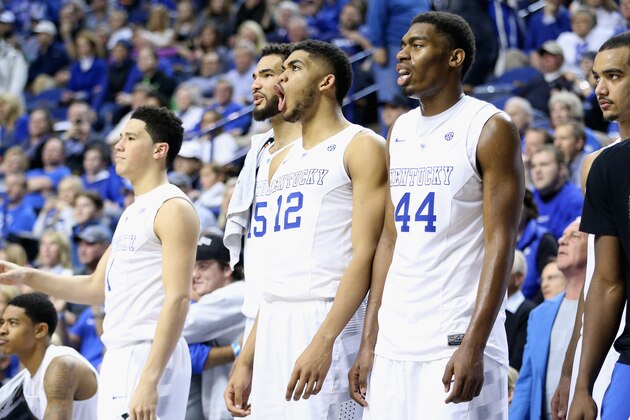 LEXINGTON, KY - FEBRUARY 21:  Karl-Anthony Towns #12 of the Kentucky Wildcats celebrates during the game against the Auburn Tigers at Rupp Arena on February 21, 2015 in Lexington, Kentucky.  (Photo by Andy Lyons/Getty Images)