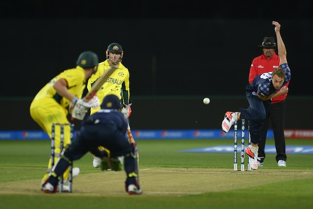 HOBART, AUSTRALIA - MARCH 14: Josh Davey of Scotland bowls a delivery during the 2015 Cricket World Cup match between Australia and Scotland at Bellerive Oval on March 14, 2015 in Hobart, Australia.  (Photo by Brett Hemmings/Getty Images)