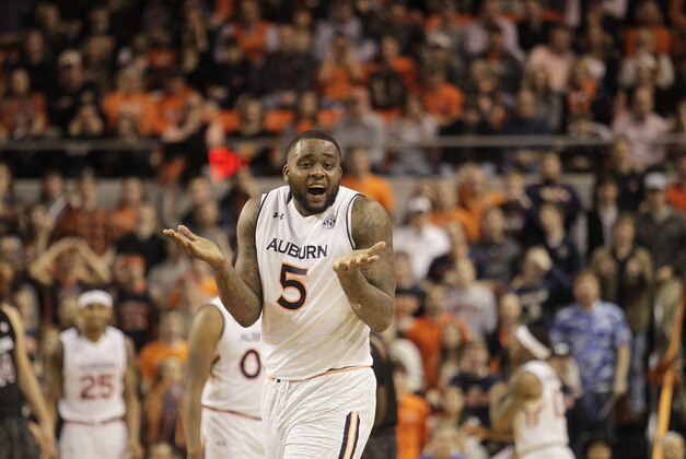 Jan 17, 2015; Auburn, AL, USA; Auburn Tigers forward Cinmeon Bowers (5) reacts after being called for a foul during the second half against the South Carolina Gamecocks at Auburn Arena.  The Tigers beat the South Carolina Gamecocks 71-68. Mandatory Credit: John Reed-USA TODAY Sports