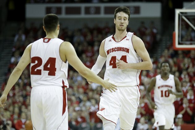 MADISON, WI - JANUARY 07: Frank Kaminsky #44 of the Wisconsin Badgers celebrates with Bronson Koenig #24 during the first half against the Purdue Boilermakers at Kohl Center on January 07, 2015 in Madison, Wisconsin. (Photo by Mike McGinnis/Getty Images)