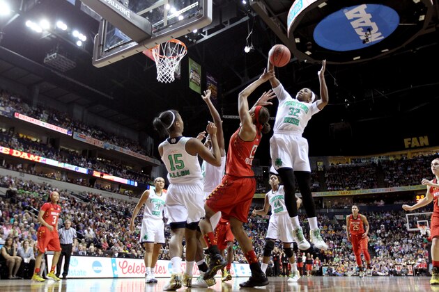 NASHVILLE, TN - APRIL 06:  Jewell Loyd #32 of the Notre Dame Fighting Irish grabs a loose ball against Alicia DeVaughn #13 of the Maryland Terrapins in the first half during the NCAA Women's Final Four semifinal at Bridgestone Arena on April 6, 2014 in Nashville, Tennessee.  (Photo by Andy Lyons/Getty Images)