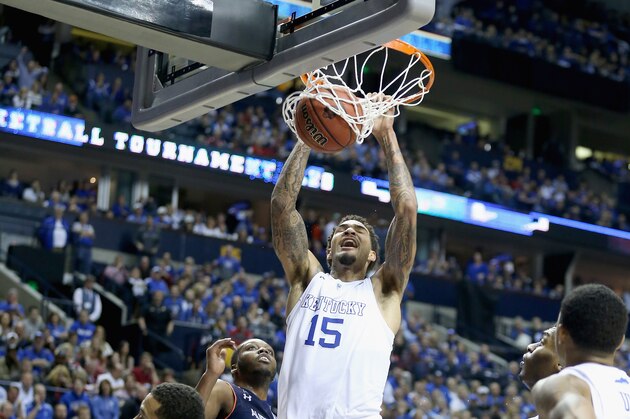 NASHVILLE, TN - MARCH 14:  Willie Cauley-Stien #15 of the Kentucky Wildcats shoots the ball against the Auburn Tigers during the SEC Basketball Tournament Semifinals at Bridgestone Arena on March 14, 2015 in Nashville, Tennessee.  (Photo by Andy Lyons/Getty Images)