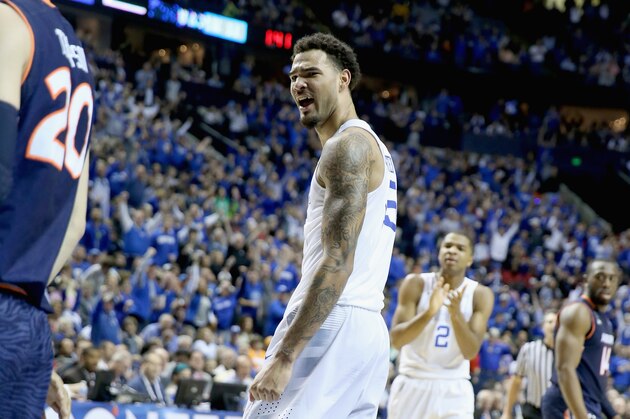 NASHVILLE, TN - MARCH 14:  Willie Cauley-Stien #15 of the Kentucky Wildcats celebrates against the Auburn Tigers during the SEC Basketball Tournament Semifinals at Bridgestone Arena on March 14, 2015 in Nashville, Tennessee.  (Photo by Andy Lyons/Getty Images)