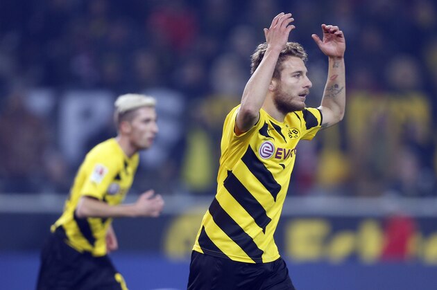Dortmund's Ciro Immobile gestures during the German first division Bundesliga soccer match between BvB Borussia Dortmnd and 1.FC Cologne in Dortmund, Germany, Saturday, March 14, 2015. (AP Photo/Frank Augstein)