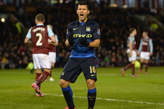 BURNLEY, ENGLAND - MARCH 14:  Sergio Aguero of Manchester City shows his frustration during the Barclays Premier League match between Burnley and Manchester City at Turf Moor on March 14, 2015 in Burnley, England.  (Photo by Gareth Copley/Getty Images)