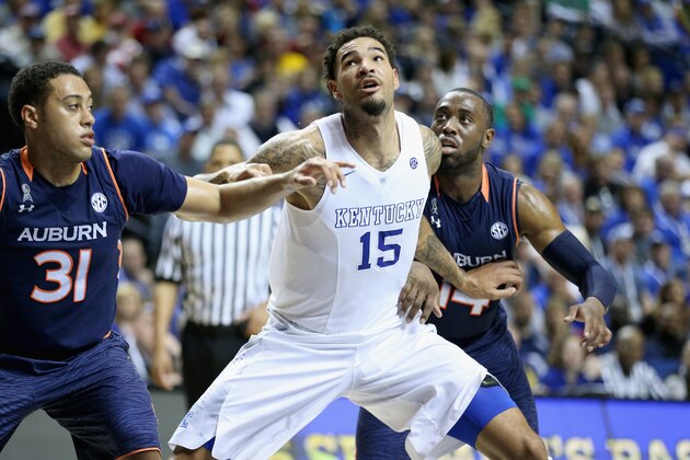 NASHVILLE, TN - MARCH 14:  Willie Cauley-Stien #15 of the Kentucky Wildcats fights for positon against the Auburn Tigers during the SEC Basketball Tournament Semifinals at Bridgestone Arena on March 14, 2015 in Nashville, Tennessee.  (Photo by Andy Lyons/Getty Images)