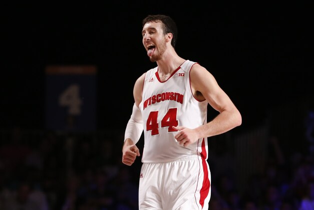 Nov 28, 2014; Paradise Island, BAHAMAS; Wisconsin Badgers forward Frank Kaminsky (44) reacts after scoring against the Oklahoma Sooners in the 2014 Battle 4 Atlantis championship game at Imperial Arena at Atlantis Resort. Mandatory Credit: Kevin Jairaj-USA TODAY Sports