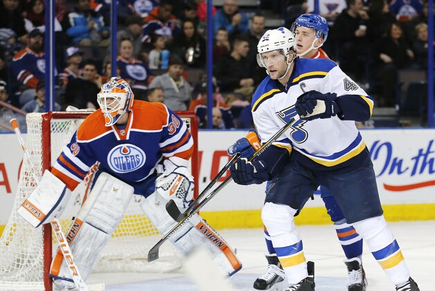 Feb 28, 2015; Edmonton, Alberta, CAN; St. Louis Blues forward David Backes (42) screens Edmonton Oilers goaltender Ben Scrivens (30) during the second period at Rexall Place. Mandatory Credit: Perry Nelson-USA TODAY Sports