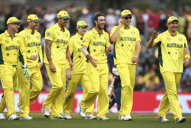 HOBART, AUSTRALIA - MARCH 14:  Glenn Maxwell of Australia celebrates after taking the wicket of Richie Berrington of Scotland during the 2015 Cricket World Cup match between Australia and Scotland at Bellerive Oval on March 14, 2015 in Hobart, Australia.  (Photo by Ryan Pierse/Getty Images)