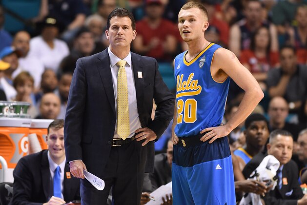 LAS VEGAS, NV - MARCH 13:  Head coach Steve Alford of the UCLA Bruins  talks with his son Bryce Alford #20 during a semifinal game of the Pac-12 Basketball Tournament against the Arizona Wildcats at the MGM Grand Garden Arena on March 13, 2015 in Las Vegas, Nevada. Arizona won 70-64.  (Photo by Ethan Miller/Getty Images)