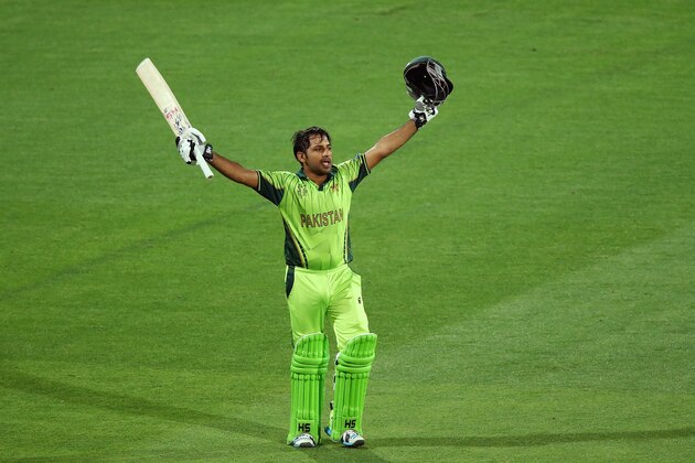 ADELAIDE, AUSTRALIA - MARCH 15:  Sarfaraz Ahmed of Pakistan celebrates after reaching 100 runs during the 2015 ICC Cricket World Cup match between Pakistan and Ireland at Adelaide Oval on March 15, 2015 in Adelaide, Australia.  (Photo by Morne de Klerk/Getty Images)