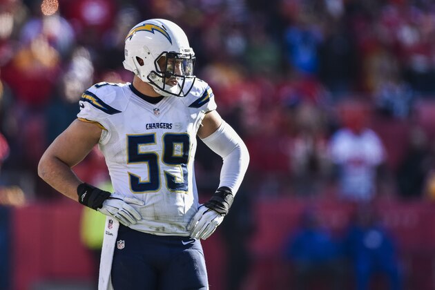 San Diego Chargers inside linebacker Andrew Gachkar (59) takes a breather against the Kansas City Chiefs during the second half of their NFL football game in Kansas City, Mo., Sunday, Dec. 28, 2014. (AP Photo/Reed Hoffmann)