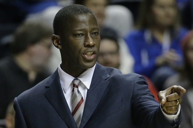 Alabama head coach Anthony Grant speaks to players during the first half of an NCAA college basketball game in the second round of the Southeastern Conference tournament against Florida, Thursday, March 12, 2015, in Nashville, Tenn. (AP Photo/Mark Humphrey)