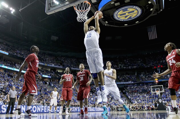 NASHVILLE, TN - MARCH 15:  Karl-Anthony Towns #12 of the Kentucky Wildcats goes up for a shot against the Arkansas Razorbacks in the championship game of the SEC Basketball Tournament at Bridgestone Arena on March 15, 2015 in Nashville, Tennessee.  (Photo by Andy Lyons/Getty Images)