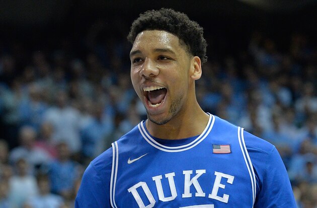 CHAPEL HILL, NC - MARCH 07:  Jahlil Okafor #15 of the Duke Blue Devils reacts after scoring against the North Carolina Tar Heels during their game at the Dean Smith Center on March 7, 2015 in Chapel Hill, North Carolina.  (Photo by Grant Halverson/Getty Images)
