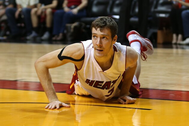 MIAMI, FL - MARCH 11:  Goran Dragic #7 of the Miami Heat reacts to being fouled during a game against the Brooklyn Nets at American Airlines Arena on March 11, 2015 in Miami, Florida. NOTE TO USER: User expressly acknowledges and agrees that, by downloading and/or using this photograph, user is consenting to the terms and conditions of the Getty Images License Agreement. Mandatory copyright notice:  (Photo by Mike Ehrmann/Getty Images)