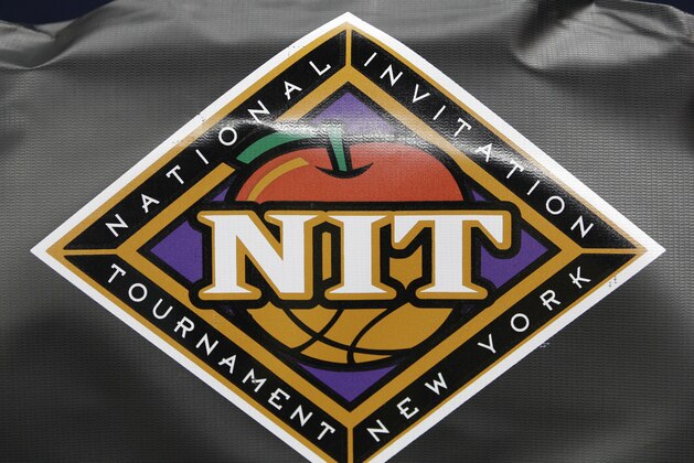 An NIT logo on the back of a chair during the second half of an NIT college basketball game in Charlottesville, Va., Tuesday, March 19, 2013. Virginia won 67-56.  (AP Photo/Steve Helber)
